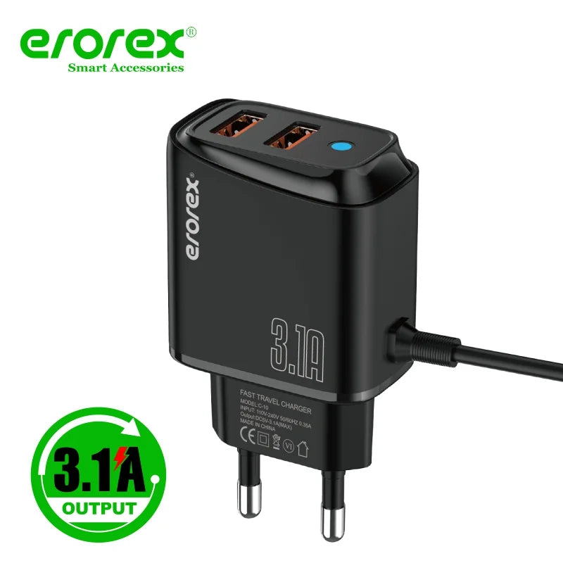 Erorex C-10 USB Travel Charger | 3.1A Dual USB Fast Charging