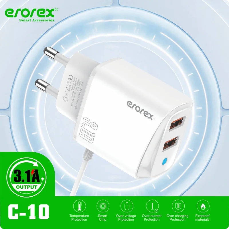 Erorex C-10 USB Travel Charger | 3.1A Dual USB Fast Charging