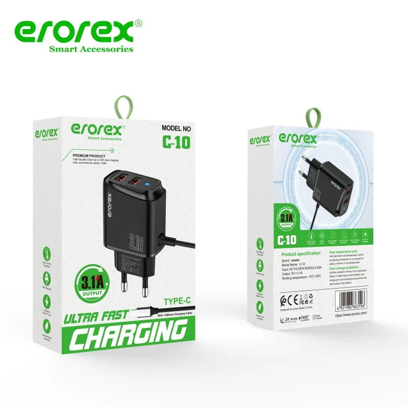 Erorex C-10 USB Travel Charger | 3.1A Dual USB Fast Charging