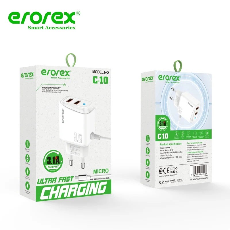 Erorex C-10 USB Travel Charger | 3.1A Dual USB Fast Charging