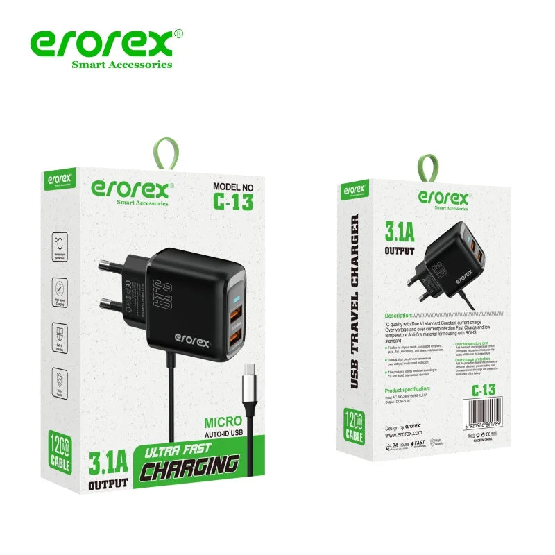 Erorex C-13 Charger 3.1A |Micro & Type-C Cable Port| Dual USB Fast Charging