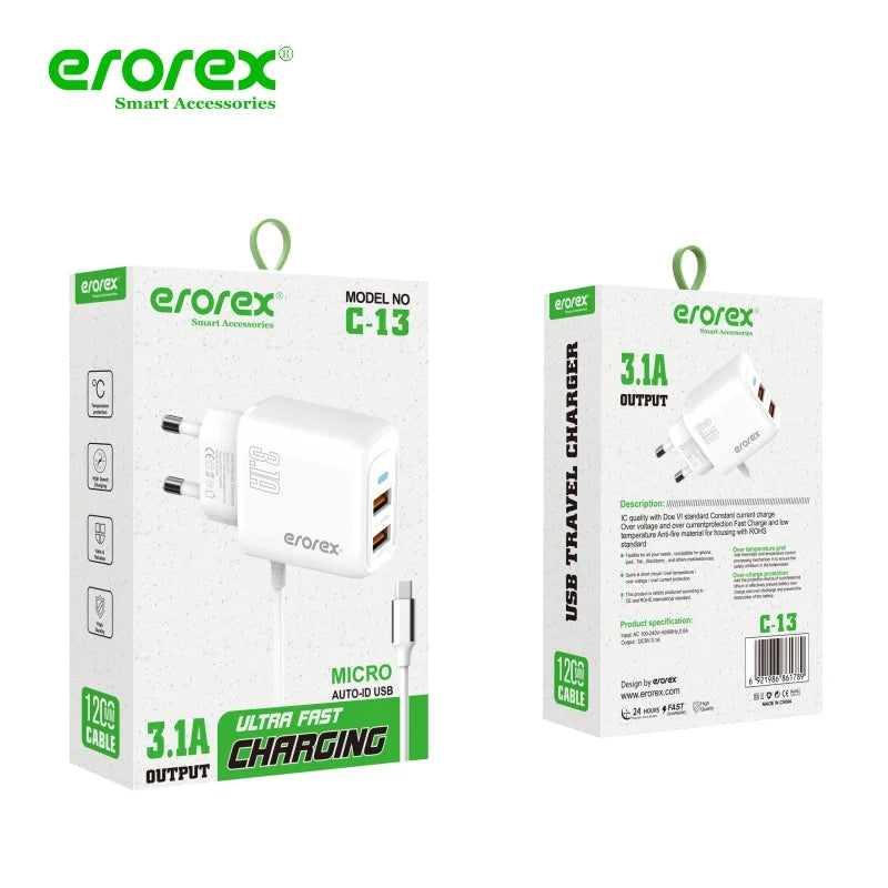 Erorex C-13 Charger 3.1A |Micro & Type-C Cable Port| Dual USB Fast Charging