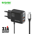 Erorex C-13 Charger 3.1A |Micro & Type-C Cable Port| Dual USB Fast Charging
