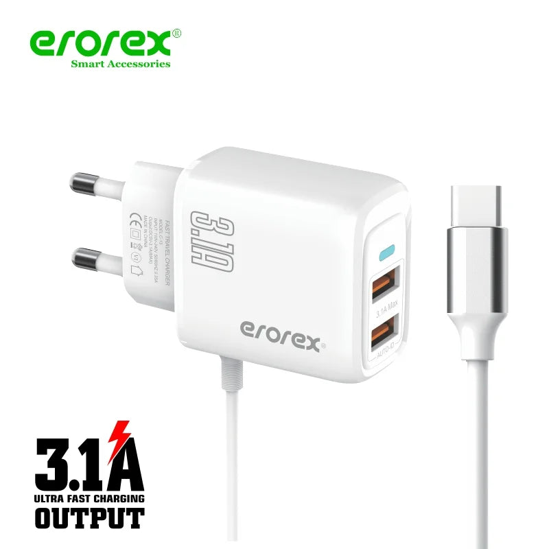Erorex C-13 Charger 3.1A |Micro & Type-C Cable Port| Dual USB Fast Charging