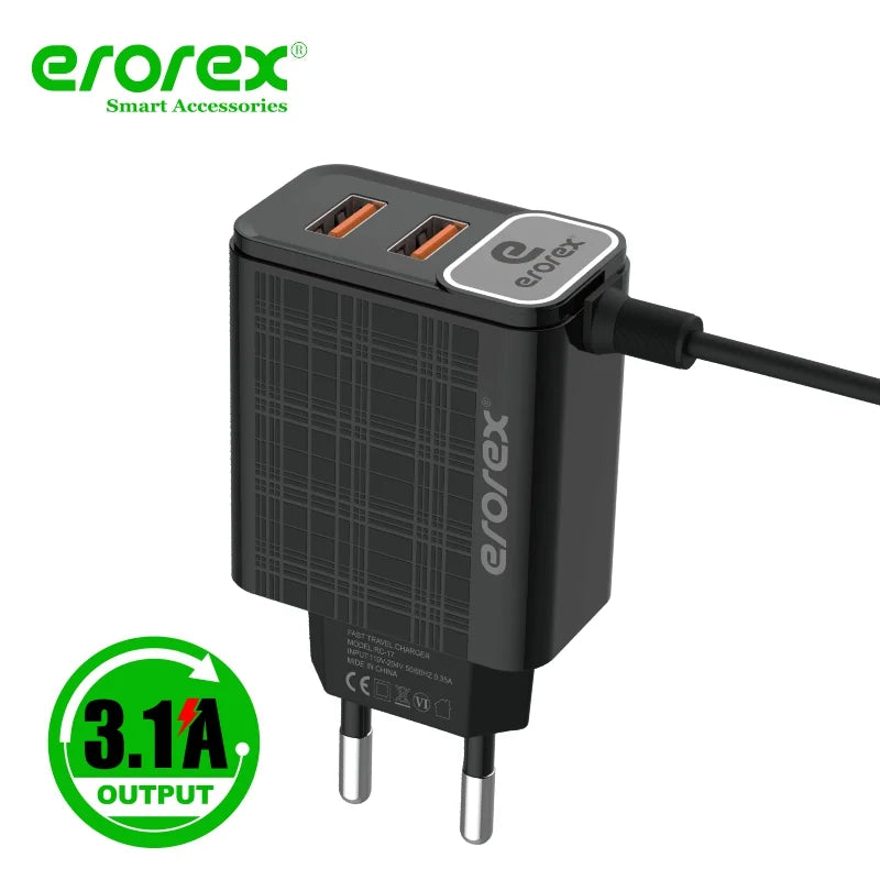 Erorex C-17 USB Travel Charger 3.1A | Micro & Type-C Cable Pins| Dual USB Fast Charging