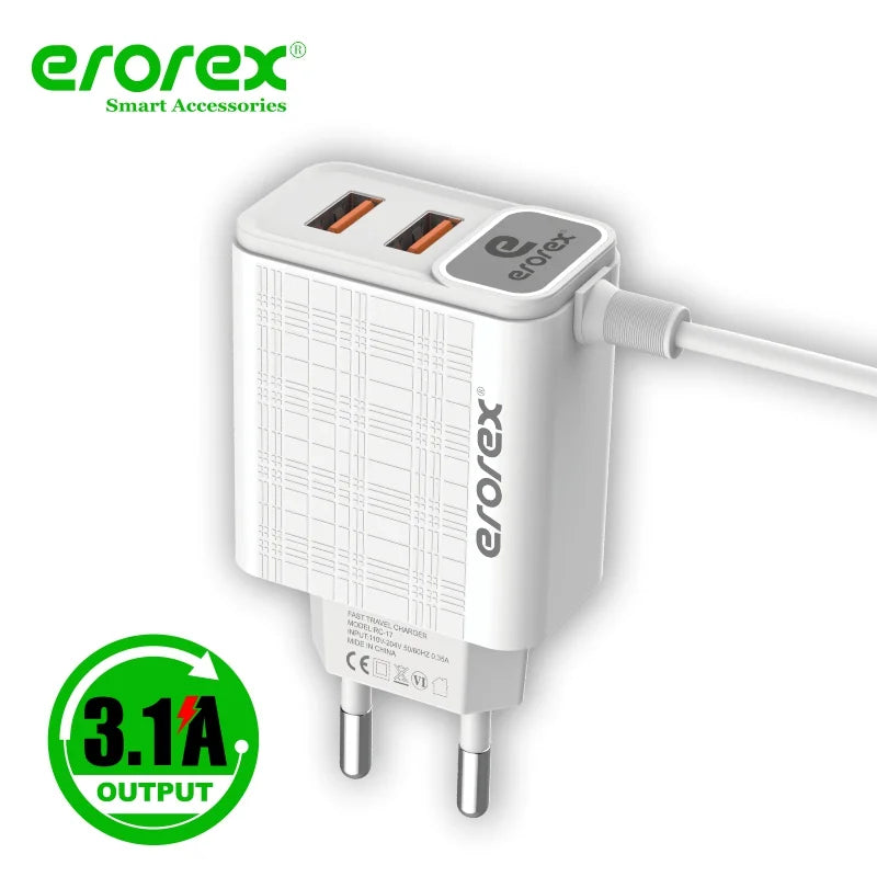 Erorex C-17 USB Travel Charger 3.1A | Micro & Type-C Cable Pins| Dual USB Fast Charging