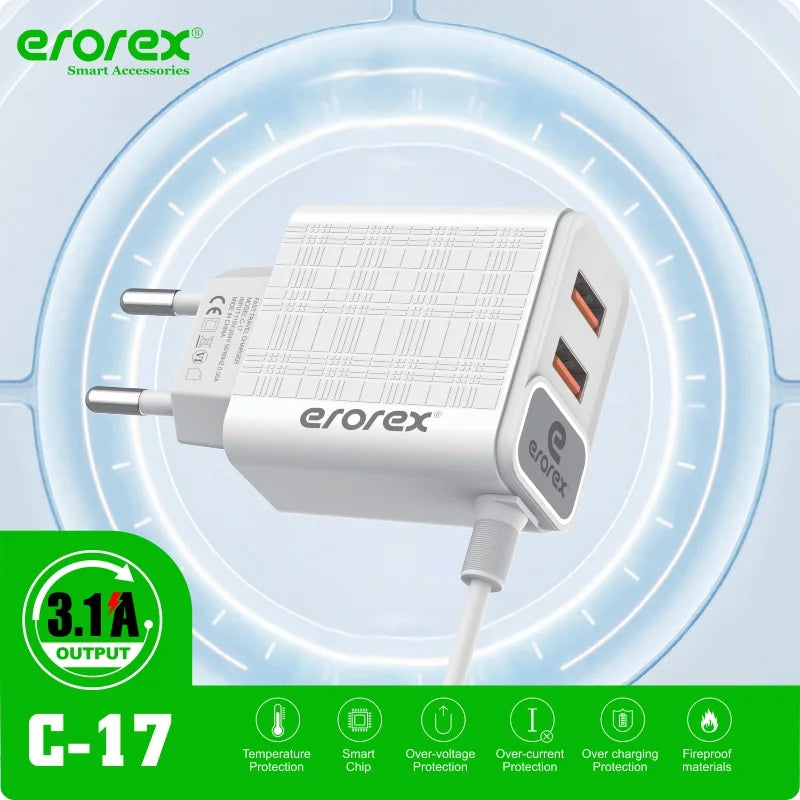 Erorex C-17 USB Travel Charger 3.1A | Micro & Type-C Cable Pins| Dual USB Fast Charging
