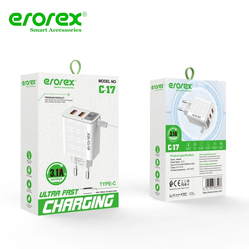 Erorex C-17 USB Travel Charger 3.1A | Micro & Type-C Cable Pins| Dual USB Fast Charging