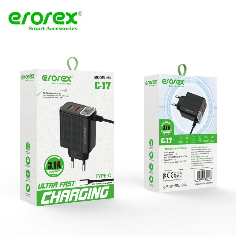 Erorex C-17 USB Travel Charger 3.1A | Micro & Type-C Cable Pins| Dual USB Fast Charging