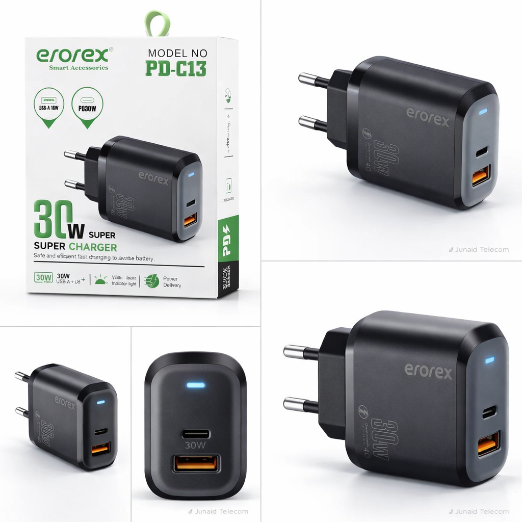 Erorex  PD Fast Charger 30W Dual Port USB and Type C Adapter for Android and iOS