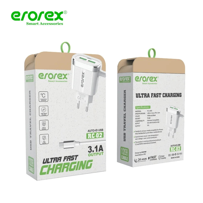 Errorex RC-02 USB Travel Charger 3.1A | Dual USB Fast Charging