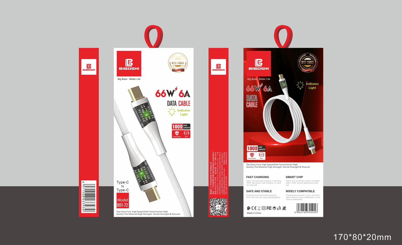Biboshi C to C 66W Fast Charging Power Cable with Light, High-Speed USB-C Cable
