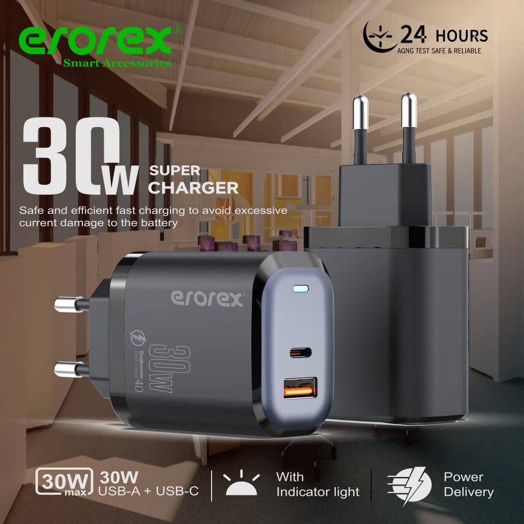 Erorex  PD Fast Charger 30W Dual Port USB and Type C Adapter for Android and iOS