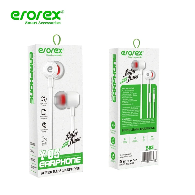 Erorex Hi-Fi Stereo Handsfree Y-03 Premium Quality Earphones with Clear Mic