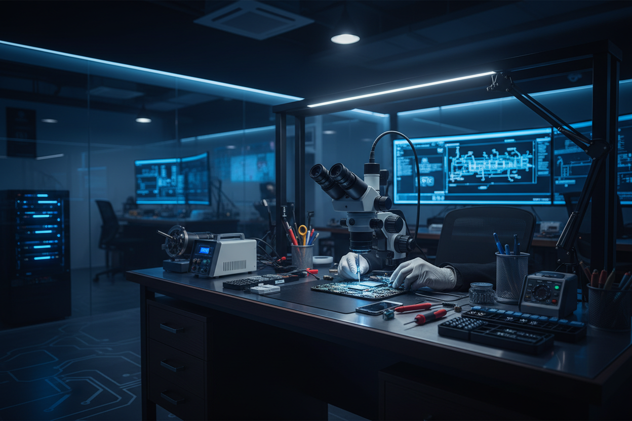 A ultra-realistic professional mobile repair lab scene, technician hands repairing a smartphone motherboard under a microscope, advanced tools on desk, clean and modern repair workspace, soft blue and dark tones, shallow depth of field, high detail, cinematic lighting, premium tech atmosphere, no text, no watermark, looks like a top-tier mobile repair center, Pakistan tech environment, brand feeling of trust and expertise, for website hero banner, wide aspect ratio
