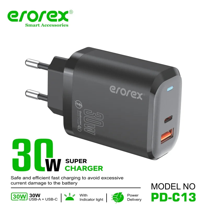 Erorex PD-C13 Fast Charging Adapter | 30W PD & QC 4.0 Dual Port (USB-B+ C to C)