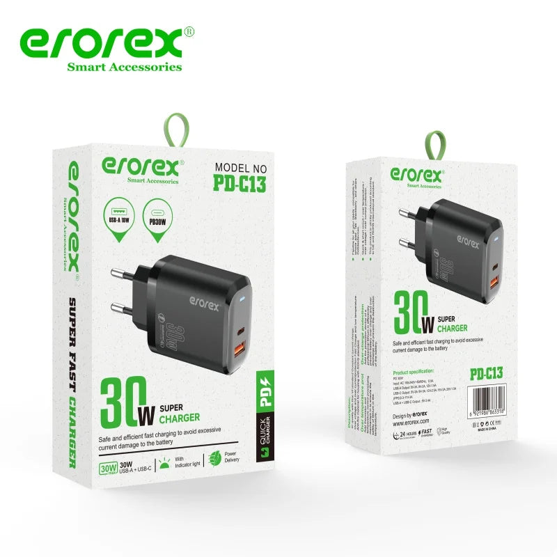 Erorex PD-C13 Fast Charging Adapter | 30W PD & QC 4.0 Dual Port (USB-B+ C to C)